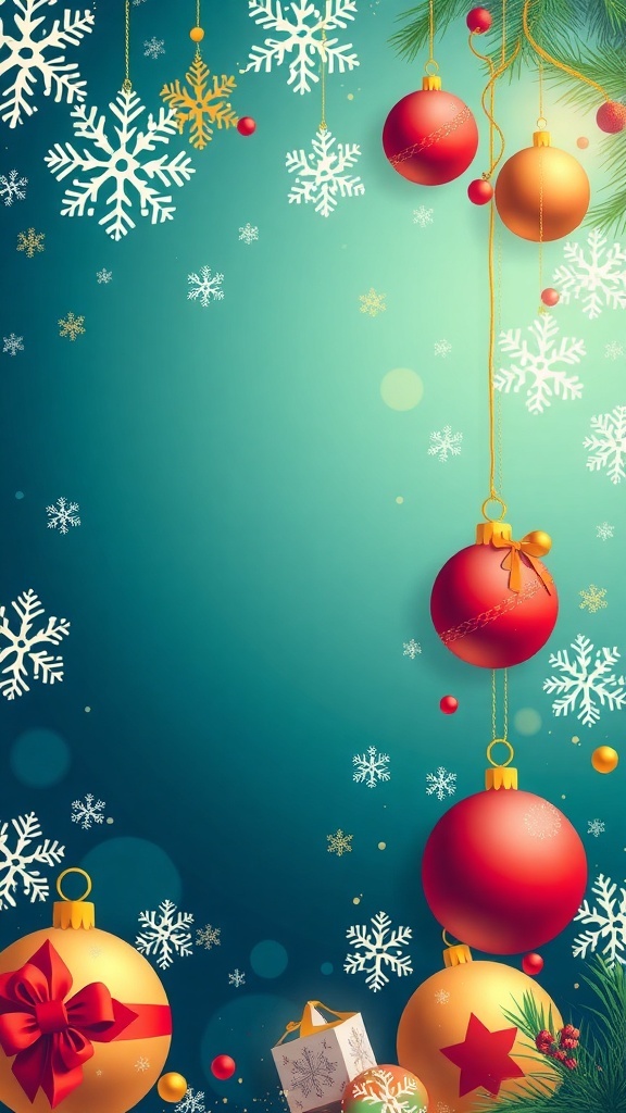 A colorful Christmas background with snowflakes and ornaments in a 1080 x 1080 format.